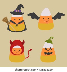 Candy corn wearing halloween costumes including witch, bat, devil, and Jack-o-lantern. Cute Candy corn vector cartoon and illustration. 