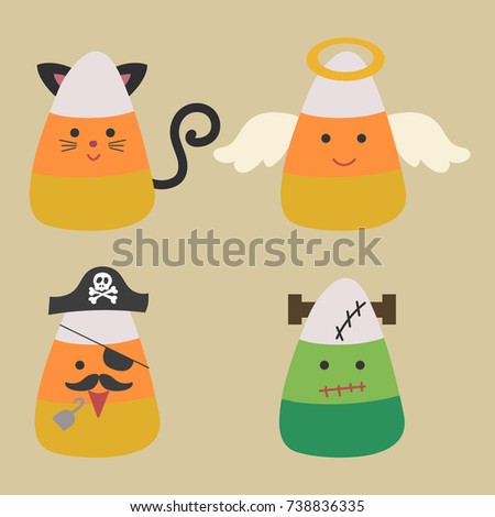 Candy corn wearing halloween costumes including black cat, angel, pirate, and frankenstein. Cute Candy corn vector cartoon and illustration. 