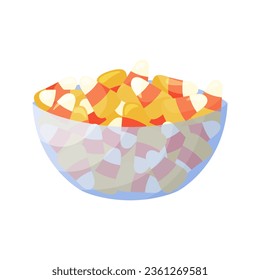 Candy Corns in transparent bowl. Flat vector illustration. Traditional holiday dessert, sweets for Halloween celebration. Striped pumpkins candies isolated on white background.