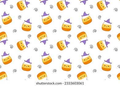 Candy corns witch on seamless pattern.  Squishmallow. Cute candy corn. Kawaii, Vector. Isolated vector illustration eps 10