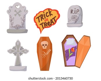 Candy, costumes, magical and creepy items. A large set of Elements for the celebration of Halloween. Vector illustration isolated on white background.