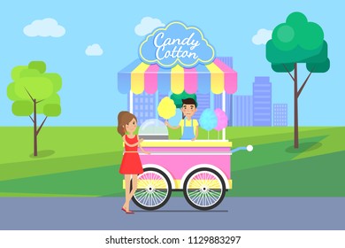 Candy cotton mobile shop poster and seller of street food, woman buying sweets from stall, cityscape on background isolated vector illustration