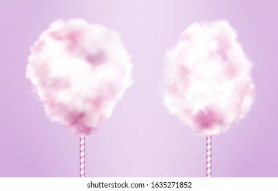 Candy cotton on striped stick set isolated on pink background, sweet dessert made of sugar, yummy food for children on fair or carnival recreation, design element. Realistic 3d vector illustration