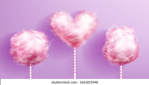 Candy cotton on striped stick pink realistic vector isolated on background, heart shaped sweet sugar dessert, yummy food for children on fair, carnival recreation, romantic design element illustration