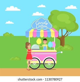 Candy cotton shop poster, mobile shopping stall seller woman-customer, park with trees and grass, blue clouds isolated on vector illustration