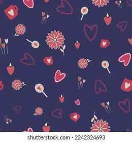 Candy, cup, flower and heart seamless pattern. For wrapping paper, textile, scrapbooking, greetings, DIY projects.