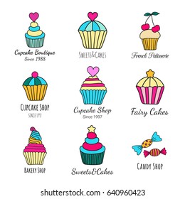 Candy and cupcake logo design. Colored logotype set of hand-drawn sweets. Cookery doodles. Culinary brand concept. EPS 10 vector illustration.