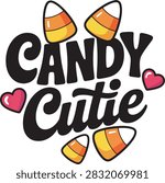 Candy Cutie lettering design with candy corn and cute hearts for Halloween