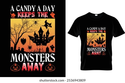 Ein Bonbon am Tag hält die Monster weg Halloween Illustration zu Hemd Design-Vorlage.