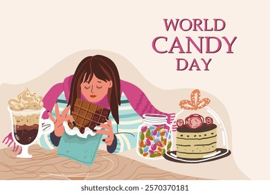 ​World Candy Day. October 18. Various goodies for poster, greeting card, flyer and banner. Collection of sweets for national holiday. Colorful flat vector illustration. Hand drawn vector.