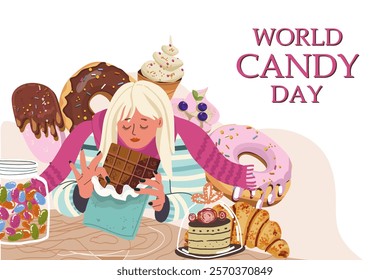 ​World Candy Day. October 18. Various goodies for poster, greeting card, flyer and banner. Collection of sweets for national holiday. Colorful flat vector illustration. Hand drawn vector.