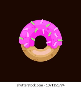 Candy is decorated with a pink donut with topping. Glazed confectionery is a delicious appetizer, there are sweets. A delicious donut cookie.