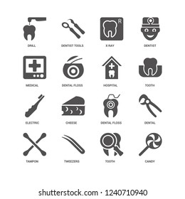 Candy, Dental floss, Drill, Dentist tools, Dental, Cheese, Tooth icon 16 set EPS 10 vector format. Icons optimized for both large and small resolutions.