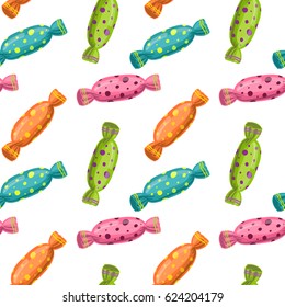 Candy dessert seamless pattern with colorful sweet caramel. Bright color vector illustration for template, fabric, web, mobile, banner, ads. Abstract background