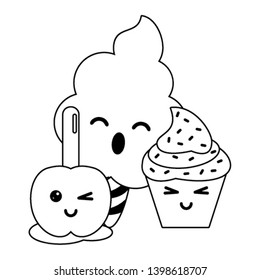 candy and desserts kawaii cartoon in black and white