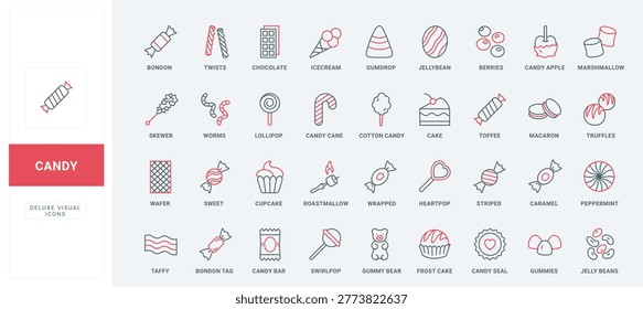 Candy desserts, lollipops, cupcakes, marshmallows, jelly beans, gummy bears, bakery sweets, confectionery shop graphics red black line icons set vector illustration
