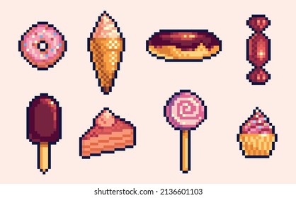 Candy and desserts pixel art icon set. Sweet food logo collection. 8-bit sprite. Game development, mobile app.  Isolated vector illustration.