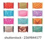 Candy in different wrappers. Cartoon sugar product in various colors and patterns packing. Decorative wrap. Fruit caramel. Birthday or Halloween sweets. Toffee packet