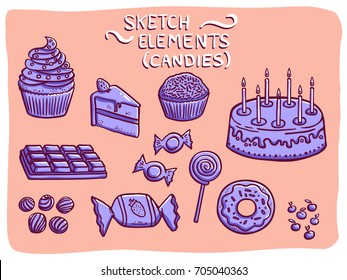 Candy doddle icons. Hand drawn food.