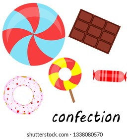 candy, donut, chocolate, sweet, hard candy, lollipop, abstract, vector illustration.