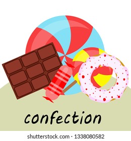 candy, donut, chocolate, sweet, hard candy, lollipop, abstract, vector illustration.