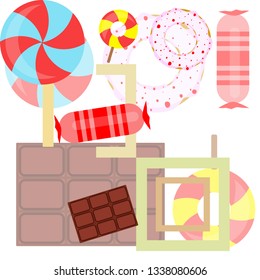 candy, donut, chocolate, sweet, hard candy, lollipop, abstract, vector illustration.
