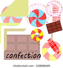 candy, donut, chocolate, sweet, hard candy, lollipop, abstract, vector illustration.