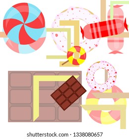 candy, donut, chocolate, sweet, hard candy, lollipop, abstract, vector illustration.
