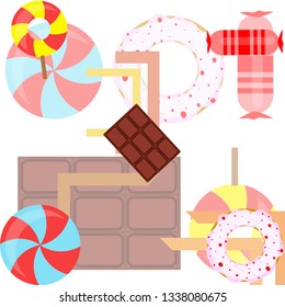 candy, donut, chocolate, sweet, hard candy, lollipop, abstract, vector illustration.