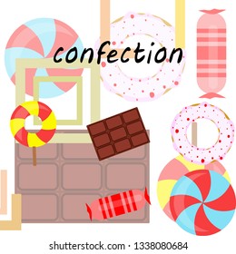 candy, donut, chocolate, sweet, hard candy, lollipop, abstract, vector illustration.