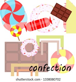 candy, donut, chocolate, sweet, hard candy, lollipop, abstract, vector illustration.
