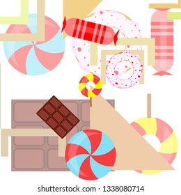 candy, donut, chocolate, sweet, hard candy, lollipop, abstract, vector illustration.