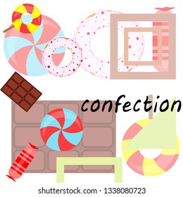 candy, donut, chocolate, sweet, hard candy, lollipop, abstract, vector illustration.