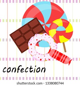 candy, donut, chocolate, sweet, hard candy, lollipop, abstract, vector illustration.