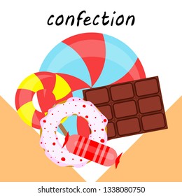 candy, donut, chocolate, sweet, hard candy, lollipop, abstract, vector illustration.