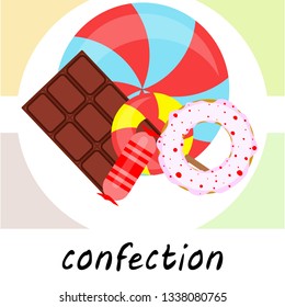 candy, donut, chocolate, sweet, hard candy, lollipop, abstract, vector illustration.