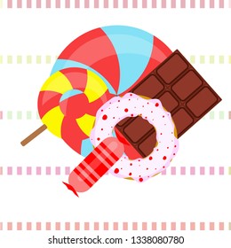 candy, donut, chocolate, sweet, hard candy, lollipop, abstract, vector illustration.