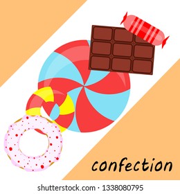 candy, donut, chocolate, sweet, hard candy, lollipop, abstract, vector illustration.