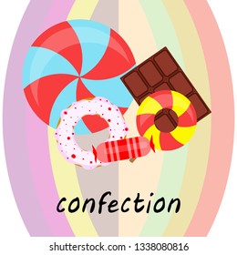 candy, donut, chocolate, sweet, hard candy, lollipop, abstract, vector illustration.