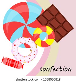 candy, donut, chocolate, sweet, hard candy, lollipop, abstract, vector illustration.