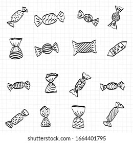 Candy Doodle Icons Set On Transparent Background. Hand Drawn Sketch. Vector Illustration