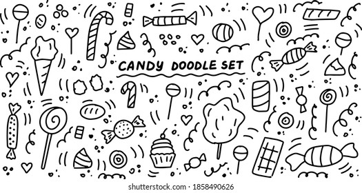 Candy Doodle Set. Hand drawn lines cartoon collection. Gummy, Sweet, Sugar, Chocolate, Caramel, Lollipops, Jelly, Marmalade. Vector icons collection isolation on white background.