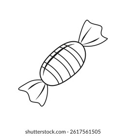 Candy doodle sign isolated on white background. Vector illustration. Sweets symbol. Wrapped caramel yummy icon linear graphic drawing. Childish tasty sugar dessert coloring image.