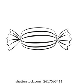 Candy doodle sign isolated on white background. Vector illustration. Sweets symbol. Wrapped caramel yummy icon linear graphic drawing. Childish tasty sugar dessert coloring.