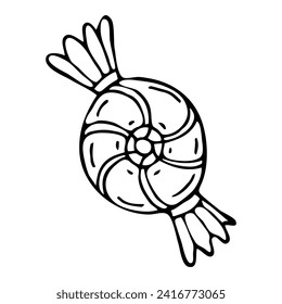 Candy in doodle wrapper. Caramel lollipop. Hand drawn graphics illustration.
