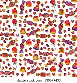 Candy doodles seamless vector pattern dessert sweet food colorful cute adorable tasty