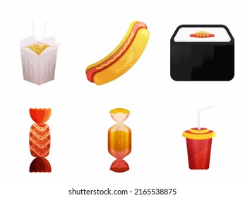 Süßigkeiten und Getränke mit Junk Food Set im Flachstil.