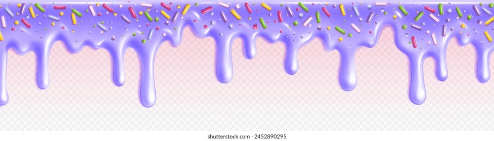 Candy drip border. Realistic 3d vector illustration of Easter cake or doughnut pastel purple icing with colorful sugar sprinkle decorations on transparent background. Dessert glaze or jelly with drops