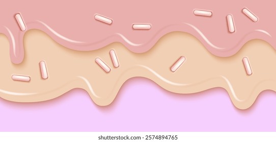 Candy drip pattern with melted glaze flowing on pastel background and scattered sprinkles. Sweet dessert surface texture with wavy decorative elements for bakery decoration, confectionery design