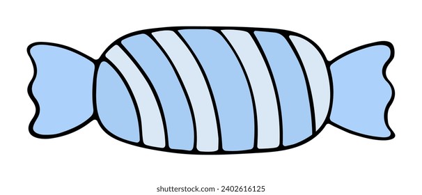 Candy. The elongated candy is wrapped in a blue and white wrapper. Chocolate treat. Color vector illustration. Sweetness in a striped wrapper. Isolated background. Cartoon style. Idea for web design